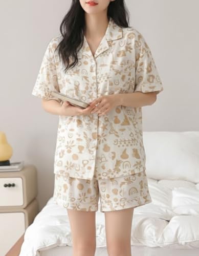 Image of Women Korean Printed Cotton Shirt & Shorts Summer Night Co-Ord Set | Casual Printed Cotton 2 Piece Pajama Set |Button Down Shirt & Shorts Matching Combo |Cute Pjs Sets For Beach Sleepwear Loungewear