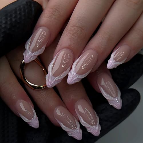 Image of Pink French Tip Press on Nails Medium Almond Fake Nails 3D Swirl Stick on Nail Glossy Full Cover for Women Manicure 24Pcs
