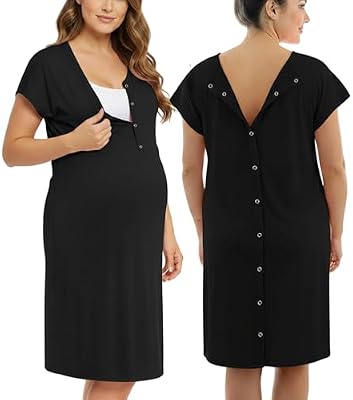PATPAT Maternity Labor Delivery Gown – Black Women's Hospital Gown, Size L – Comfortable & Easy Acce...