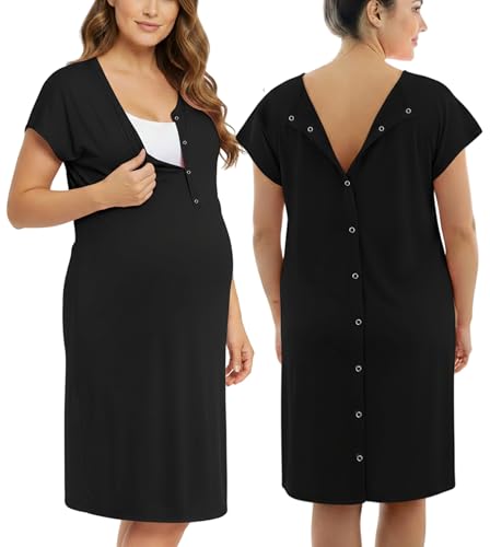 PATPAT Maternity Labor Delivery Gown – Black Women's Hospital Gown, Size L – Comfortable & Easy Access for Birth