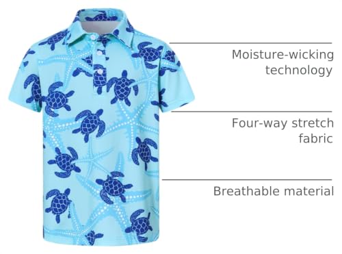Cuddomper Boys Golf Shirts Hawaiian Sea Turtles Polo Shirt Size 13-14 Short Sleeve Performance Dry Fit Tops for Active Casual Teal — view 4
