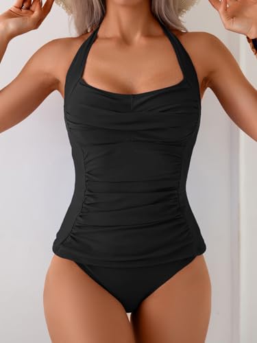 Image of Eomenie Womens Halter Tankini Bathing Suit Ruched Tummy Control Two Piece Swimsuit with Bottom
