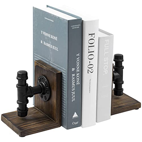 Mygift Vintage Style Rustic Burnt Wood Decorative Bookends With Industrial Black Metal Pipe Design, L Shaped Bookends For Bookshelf, Desktop Or Mantel, Set Of 2 #TOP27