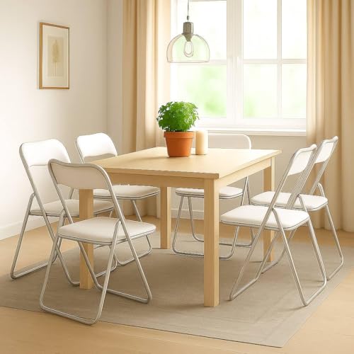 STRUTTURA E UTILIZZO - Set di sei sedie con struttura resistente in metallo, con seduta e schienali imbottiti in poliuretano espanso rivestito di PVC - Prodotto ideale per un utilizzo da ufficio durante riunioni, conferenze o incontri di lavoro, oppure casalingo per ospiti, amici o parenti in aggiunta delle vostre sedute in sala da pranzo o cucina - Facilmente ripiegabile, ideale da riporre in piccoli spazi, come per esempio dietro ad una porta, ripostiglio - Le linee semplici e moderne di queste sedie ne permettono il collocamento in qualsiasi tipo di ambiente