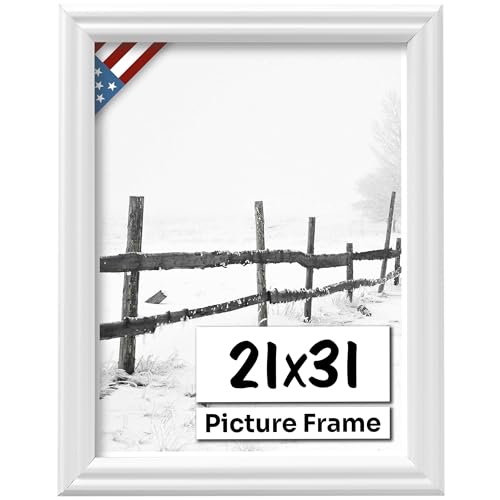 White 21x31 Picture Frame .75" Inch Wide - White Wall Decor Handmade Solid Wood Frames with Preinstalled Hangers and UV Blocking Plexiglass 31x21 Frame