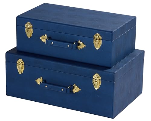 Sagala Set of 2 Large Decorative Trunks With Handle, Modern Organizer Storage Trunk Chests, Large Navy Blue Shagreen Leather Storage Boxes Home Decor (Blue) by Generic - Image 7