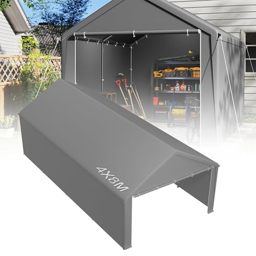 YRHome Lagerzelt 4x8 m mit PE-Dach Industriezelt PVC Wasserdichter Reißenresistenter Carport Garagenzelt für Auto, SUV, LKW, Boot&Mobile Lagerung-Grau
