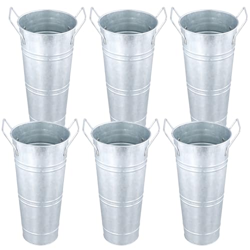 SINJEUN 6 PCS Galvanized Flower Buckets, 11 x 23cm Silver Metal Vases with Handle, Table Vases Floral Buckets for Home Wedding Table Centerpiece Flower Decoration and Display
