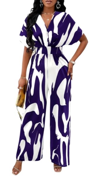 Image of PerZeal Women's V-Neck Short Sleeve Printed Jumpsuit with Pockets - Casual Wide Leg One-Piece Romper for Summer(S-XXL)