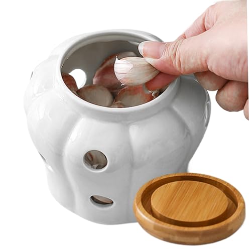 fkngcp Pot à l'ail 4x4 pouce Fraîcheur fraîcheur en céramique Cuisine Keeper Geeper ouverture avec comptoir de couvercle Rangement élégant creux non glissant pour les oignons, gingembre (blanc) range