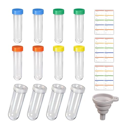Protein Powder Travel Container Set 12 Pack – 8x50ml & 4x100ml Leak Proof Reusable Supplement Powder Container to Go with Funnel & Labels, Portable Gym Protein Storage for Fitness, Work, Travel