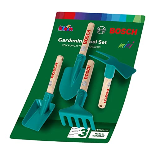 Bosch Set di attrezzida giardino Include vanga, rastrello, pala e zappa Occhiello per l'aggancio Giocattolo per bambini dai 3 anni