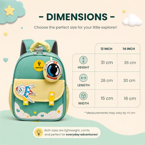 Image of Zemba Kids School Backpack, Space Explorer Theme with Astronaut and Rocket Design, Teal and Yellow, Polyester, Ages 2-6 Years