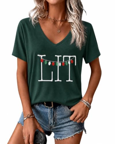 essential cocoon Women's Christmas Lights LIT Graphic V Neck T Shirt,XL