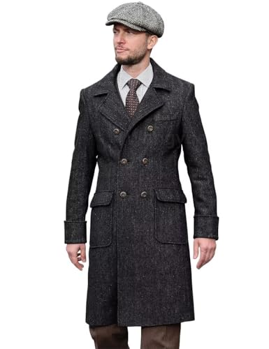 Wangyue Black Tweed Trench Coat Men Double Breasted Pea