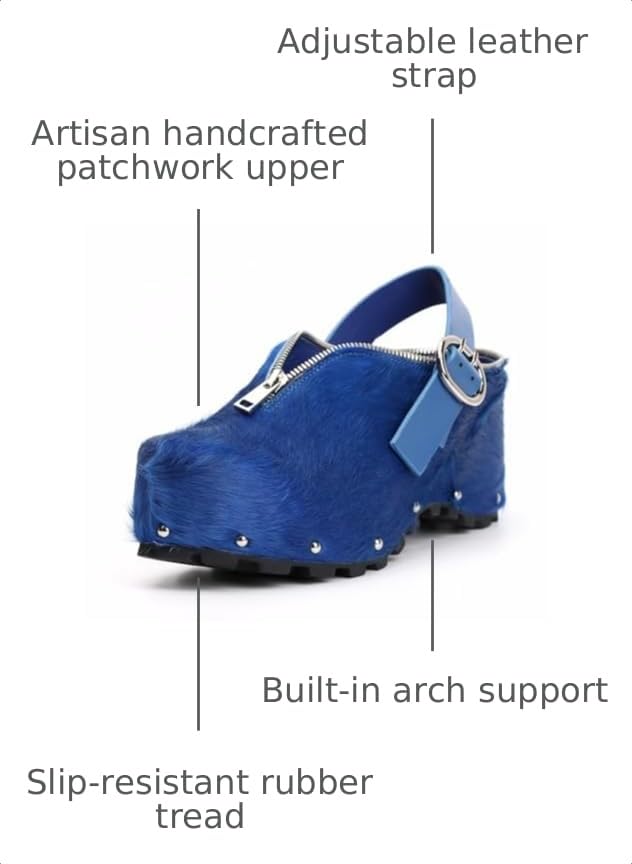 Image of XOBZJH Women's Natural Cow Print Fur Platform Clogs with Decorative Zipper & Adjustable Buckle Strap - Western Slip-On Punk Rivet Mules with Arch Support, Chunky Retro Rustic Style