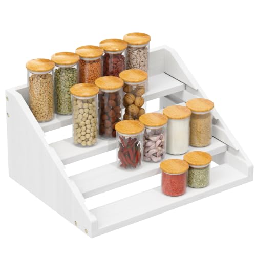 Solid Wood Spice Rack Organizer for Countertop & Cabinet, 4 Tier Adjustable Wooden Spice Shelf with Sliding Track, Premium Step Seasoning Bottle Holder for Kitchen, Cupboard, Pantry & Office, White