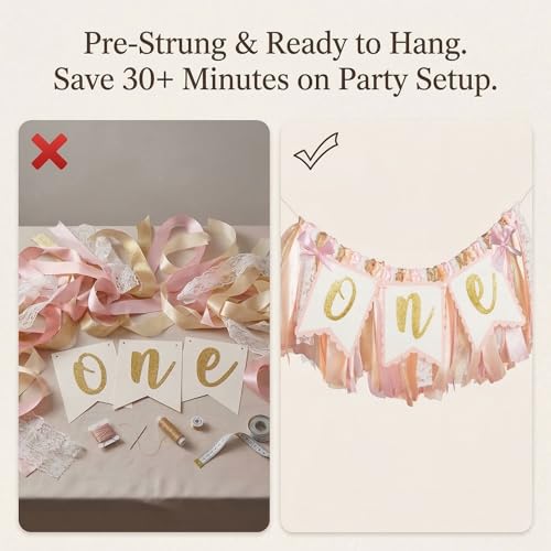 Image of Pre - strung Pink Highchair Banner - 1st One Birthday Highchair Banner for Princess Girls ONE Baby Shower Room Party Decor
