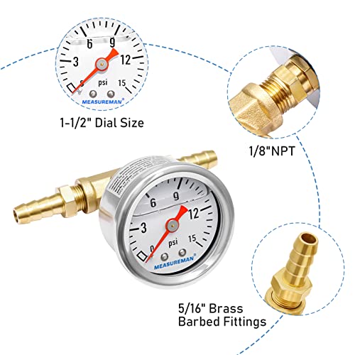 Measureman Fuel Pressure Gauge Kit 0-15Psi Stainless Steel Glycerin Filled, 1-1/2" Dial Size, With 5/16" Fuel Line Fuel Pressure Brass T-Fitting Adapter, Center Back Mount #TOP1