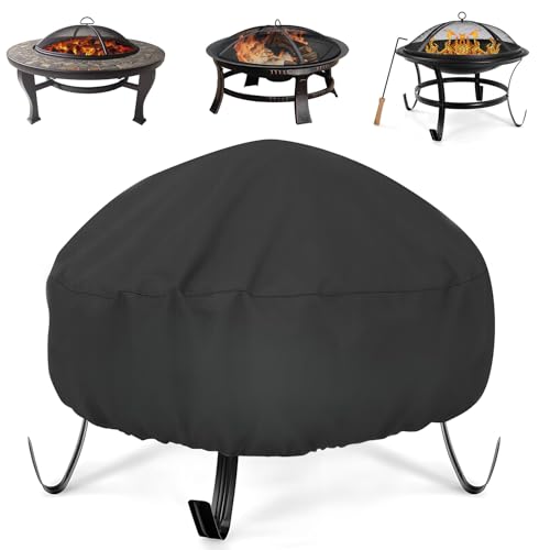 Fire Pit Cover - 85cm Firepit Covers Round Waterproof Heavy Duty Rip Proof 420D Oxford Fabric, Gas Fire Pit Covers with Drawstring for Outdoor Garden Fireplace (Black, Round - 85x40cm)