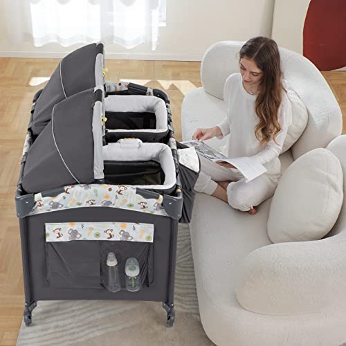 okaytwins Twin Bassinet & Full-Size Infant Bassinet & Playard for Baby, Includes 2 Removable Rock-A-Bye Portable Bassinets with Storage Bags, Gray