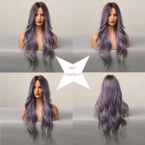 Long Wavy Wig Ombre Light Purple Grey, MQ Gray Purple Wave Wigs 26'' for Women Synthetic Fiber Heat Resistant Curly Wigs 150% Density for Daily Costume Halloween Christmas Party Cosplay Wavy Wig (Ombre Purple Grey)