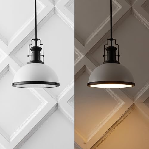 Image of JONATHAN Y Homer Industrial Dome Pendant 13 inch, White /Matte Black | 1-Light, Farmhouse Style, Adjustable Hanging Height, Glass Diffuser, Sloped Ceiling Compatible, Metal, LED Bulb Included