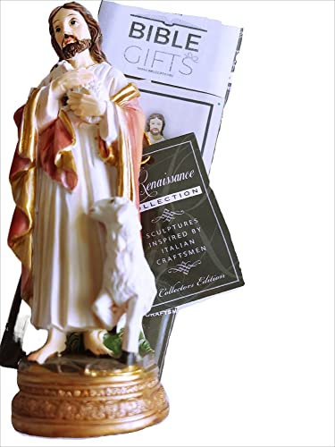 Kingdom Supplies Biblegifts Good Shepherd - Statua in resina, 20,3 cm, in possesso di un agnello in scatola fatta a mano e dipinta regalo di adorazione