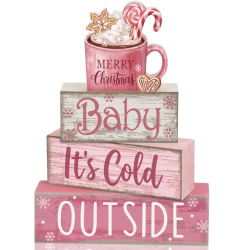 Moucuny 4 Pcs Pink Christmas Table Decor Wooden Hot Chocolate Cocoa Decor
