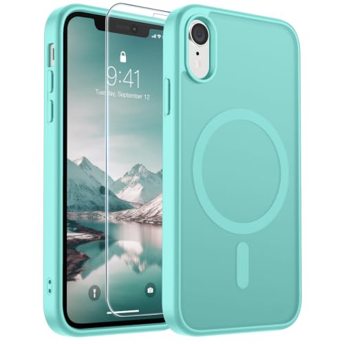 Image of SUPFINE Magnetic for iPhone XR Phone Case Blue Green | With Screen Protector, Translucent Matte, Compatible with MagSafe, Military Grade Drop Proof, Rugged Shockproof Protective