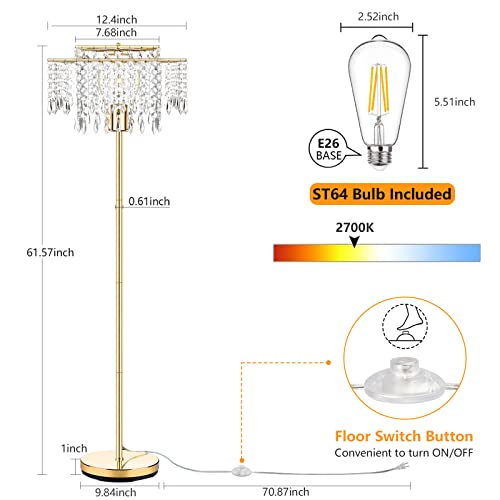 Mlambert Double Layer Lampshade Crystal Floor Lamp For Bedroom, Floor Lamp For Living Room, Elegant Standing Lamp, 61.57" Tall Pole Lamp, Modern Floor Lamp For Room Decor, 6W Led Bulb Included, Gold #TOP4