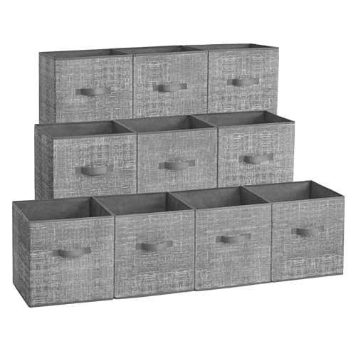 SONGMICS Storage Cubes, 10.2 x 10.2 x 11 Inches Non-Woven Fabric Bins with Double Handles, Set of 10, Closet Organizers for Shelves, Foldable, for Clothes, Cattail Gray UROB126G01 Cattail Gr