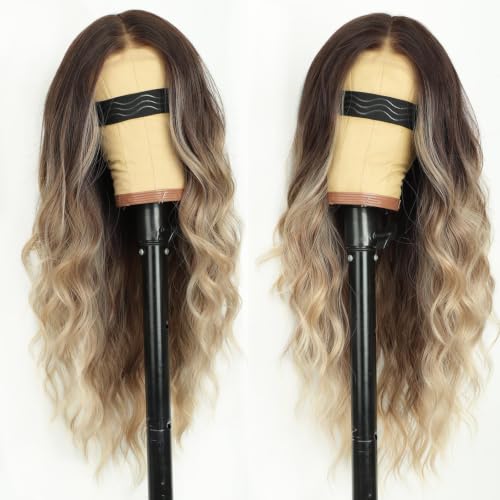 Image of AISI HAIR Dirty Blonde Wig for Women, Long Wavy Synthetic Lace Wig 26Inch