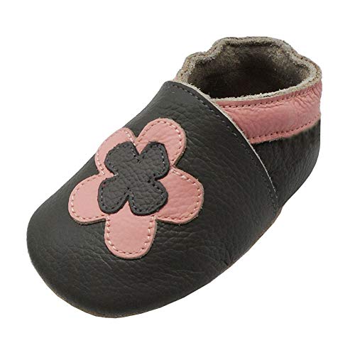 YIHAKIDS Chaussons bébé et Enfant en Cuir Souple - Pantoufles Enfant - Chaussures Bébé - Chaussures Premiers Pas(Size S, 0-6 Mois, Gris foncé, 19/20 EU)