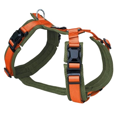 Petlando Hundegeschirr Magnetech Y-Comfort – Innovative Magnetschnalle, atmungsaktiv, mit Mesh gepolstert, stufenlos verstellbar – Olive/orange M (Halsumfang 46-74cm, Brustumfang 50-74cm)