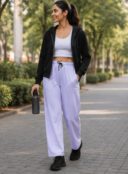 Image of London Hills Women High Rise Flared Track Pants Cotton Blend Regular Fit Joggers Track Pants Solid Track Pants
