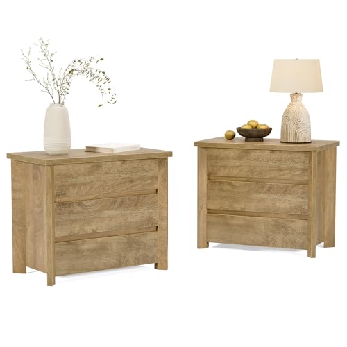 LITTLE TREE 3-Drawer Nightstand Set of 2, Wooden Farmhouse Bedside Table for Bedroom, Large Wide Nightstand with Drawers, Oak