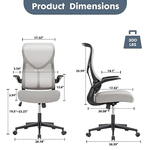 Image of DUMOS Home Office Desk Chair - Ergonomic High Back Mesh Computer Task Chair with Comfy Flip-up Armrests, Swivel Adjustable Height with Wheels, Comfortable Lumbar Support, for Adults, Gery
