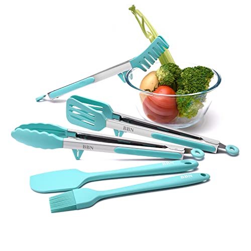 Kitchen Tongs, Bbn 5Pcs Silicone Tongs Set, Tongs For Cooking With Silicone Tips Silicone Tongs, 12 Inch Heat Resistant And Durable Silicone Tipped Tongs With 10 Inch Brush & 11 Inch Spatula (Green) #TOP5