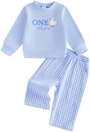 Baby Boy Girl One Silly Goose Birthday Outfit (Blue 1st Long, 6-12 Months)