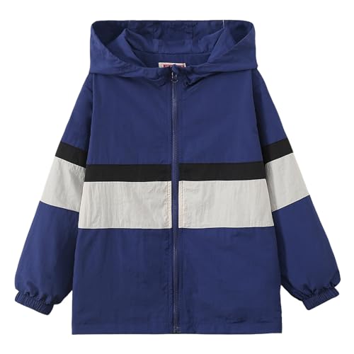 Hooded Rain Jacket for Boys 𝗖olor Block Windproof Casual Zip Outerwear Loose Lightweight Coat with Pocket