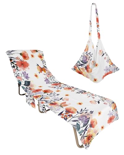 Spring Floral Beach Lounge Chair Towel Cover, Soft Chaise Lounge Towel with Side Pockets Patio Pool Chairs Cover for Beach/Pool Sunbathing 29x85 Colorful Summer Flowers Weeping Botanical