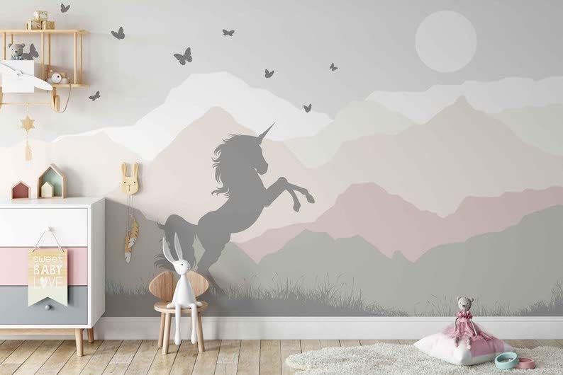 Unicorn Wallpaper Colorful Mountains Butterflies Kids Room Pre-Pasted Paper Stick Sprayup Wall Decoration 67" H x 102" W