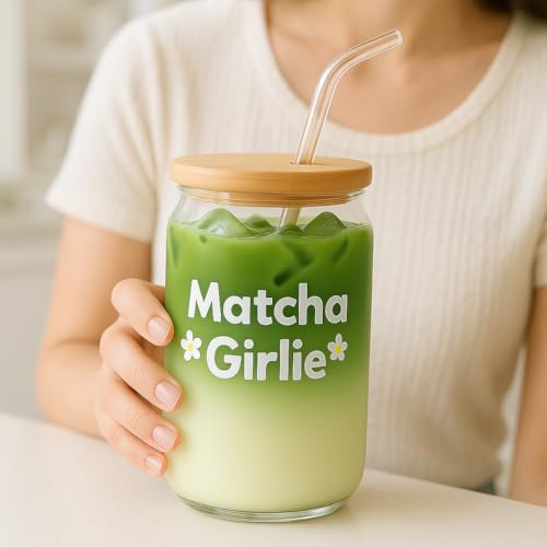 Image of THE UMBRELLA STORE Glass Tumbler Bamboo Lid and Straw, Coffee Tumbler, Reusable Glass (Matcha Girlie)