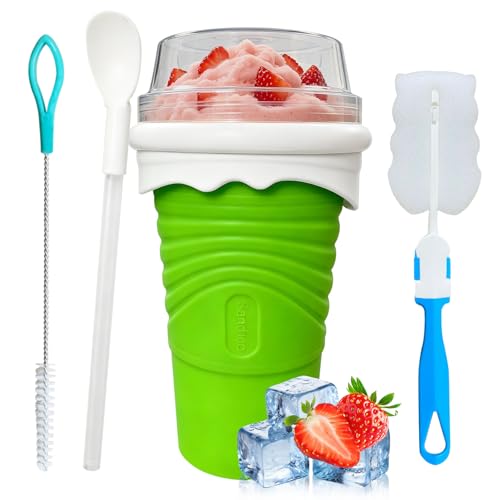 Primasage Glace à Pétrir Slushy Gobelet 500ml, Diy Ice Cup Slushy Maker avec Cuillère-Paille et Brosse, Slushy Cup Ensemble Gobelet Réutilisable pour la Préparation de Smoothies（Vert）
