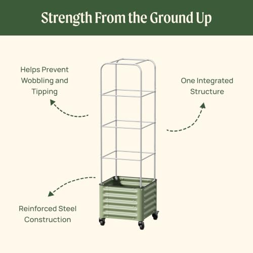 Image of Vego garden Classic Rolling Cube Tomato Planter with Metal Cage & Wheels, 30 Gallon Rolling Planter for Tomatoes, Peppers & Beans, 21 inch x 21 inch x 19 inch, 54 inch Plant Support Cage-Olive Green