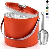 Ice Bucket (3 Liter) Stainless Steel Double Wall Insulated Ice Bucket with Lid & Scoop, Ice Buckets for Parties, Handle, Keeps Ice Cold for Hours, Great for Wine, Champagne, Cocktails (Orange)