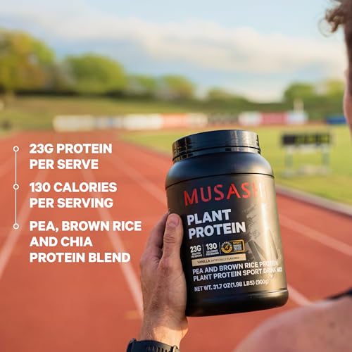 Image of Musashi Plant Protein Powder, Vanilla, 900g (1.98 lb), Pea, Brown Rice and Chia Protein Blend with BCAAs & L-Glutamine, 23g Protein, 130 Calories per Serving