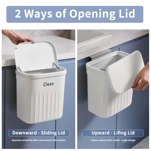 Image of Hanging Trash Can with Lid, 2.2 Gallon Kitchen Garbage Bin Food Waste Container Kitchen Compost Bin Wall Mounted Trash Can for Kitchen, Cupboard, Bathroom, Bedroom, Office, Under Sink - White
