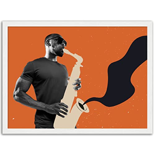 Décoration murale musicale jazz avec musicien trompette et cadre blanc 30x40 cm